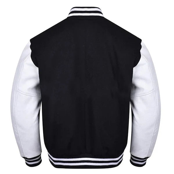 Premium Varsity Lettermen Baseball Jacket Black Wool Body & White Leather Sleeves - Canadian Store