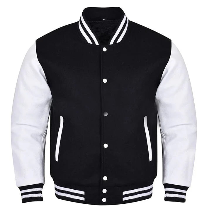 Premium Varsity Lettermen Baseball Jacket Black Wool Body & White Leather Sleeves - Canadian Store
