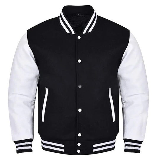 Premium Varsity Lettermen Baseball Jacket Black Wool Body & White Leather Sleeves - Canadian Store