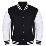 Premium Varsity Lettermen Baseball Jacket Black Wool Body & White Leather Sleeves - Canadian Store