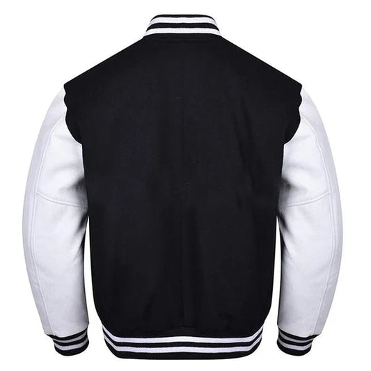 Premium Varsity Lettermen Baseball Jacket Black Wool Body & White Leather Sleeves - Canadian Store
